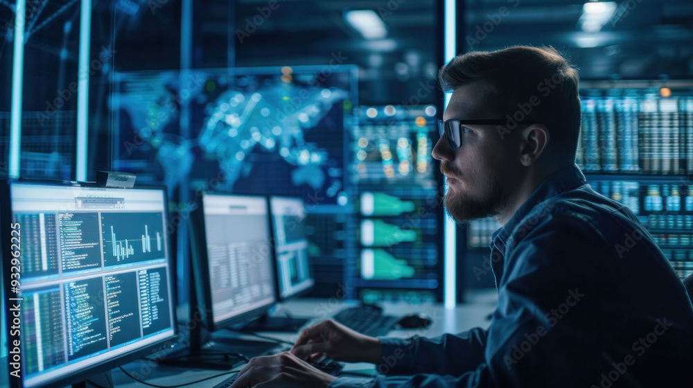 Aufkleber Focused data analyst working on multiple screens in modern office environment, displaying graphs and data visualizations. 