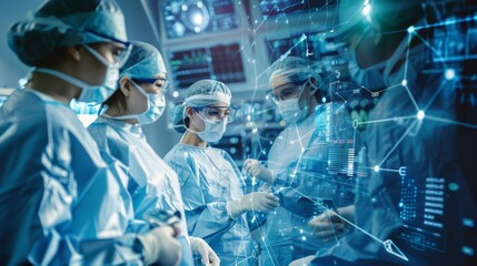 Double exposure group of doctor surgery team in operating room background with interface data background, Healthcare and medical concept