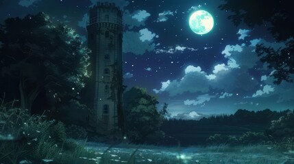 The starry night sky enchants as a luminous moon casts its glow over an ancient tower nestled in a serene landscape
