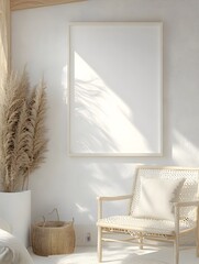 Mockup of a modern minimalist Scandinavian inspired white frame in a bright airy and calming home interior setting with natural wood elements and a serene harmonious ambiance
