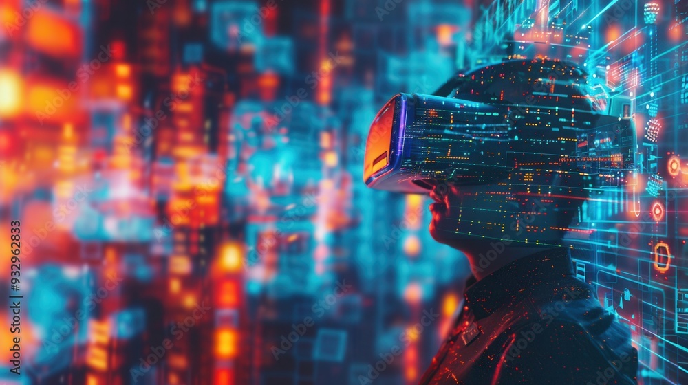 Poster a hacker navigates a vibrant virtual environment filled with glowing locks and streams of code, imme