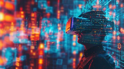 A hacker navigates a vibrant virtual environment filled with glowing locks and streams of code, immersed in a digital realm. Generative AI