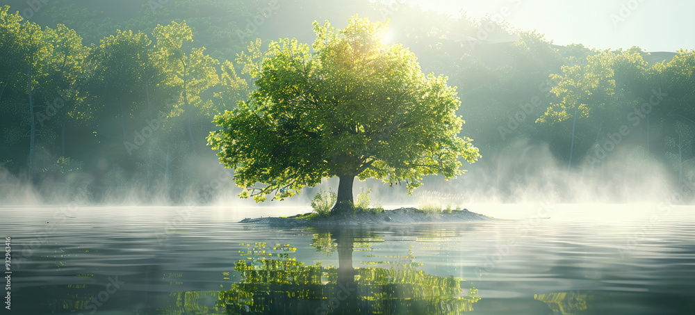 Poster during the summer, a large tree with green leaves stands on the riverbank, surrounded by sunlight an