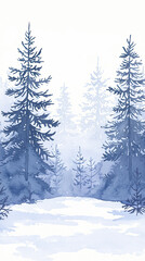 Obraz premium Snowcovered forest, tall pines, gentle snowfall, winter serenity, Watercolor style