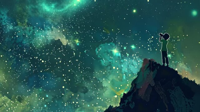A boy on the mountain looking at stars with binoculars The digital art.