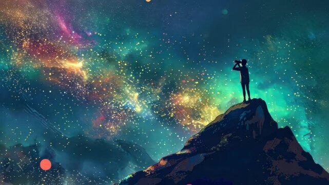 A boy on the mountain looking at stars with binoculars The digital art.