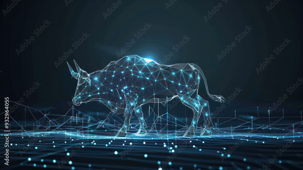 Aufkleber a digital representation of bull, composed of glowing lines and dots, symbolizes strength and power 