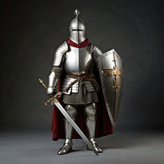 Fototapeta premium Medieval knight in shining armor with sword and shield, ready for battle