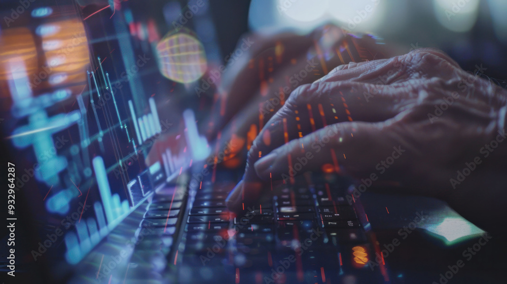 Poster A person is typing on laptop keyboard, with digital graphs and data overlays creating sense of technology and analysis. image conveys focus and engagement in data processing. 