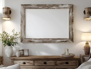 Mockup of a weathered,rustic wooden frame hung above a wooden dresser in a cozy,country-style bedroom interior with soft lighting and color accents,showcasing a farmhouse aesthetic.