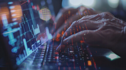 A person is typing on laptop keyboard, with digital graphs and data overlays creating sense of technology and analysis. image conveys focus and engagement in data processing. 