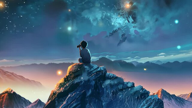 A boy on the mountain looking at stars with binoculars The digital art.