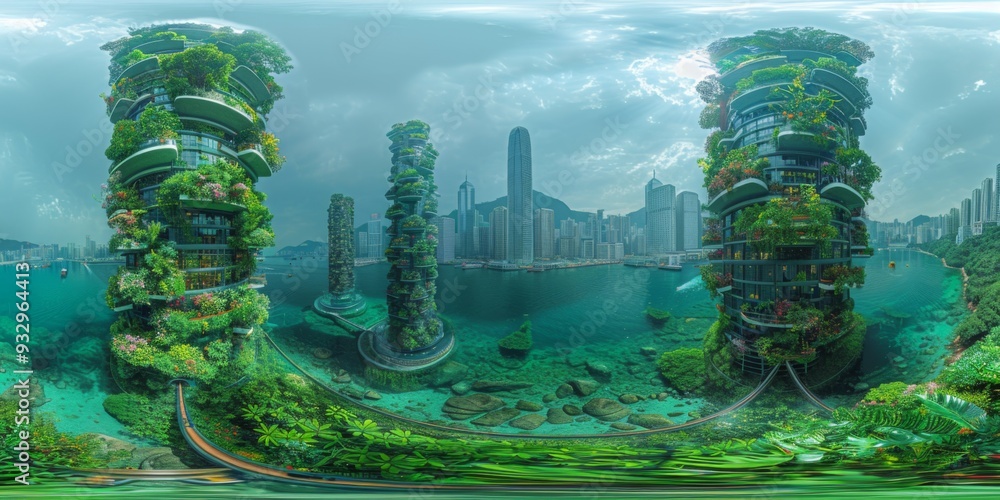 Poster an immersive 360-degree equirectangular panorama of hong kong in the future, featuring vertical fore
