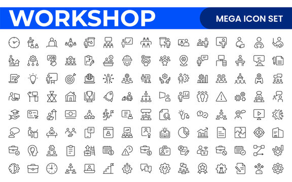 Workshop and Office related outline icon collection. Editable line icon set.
