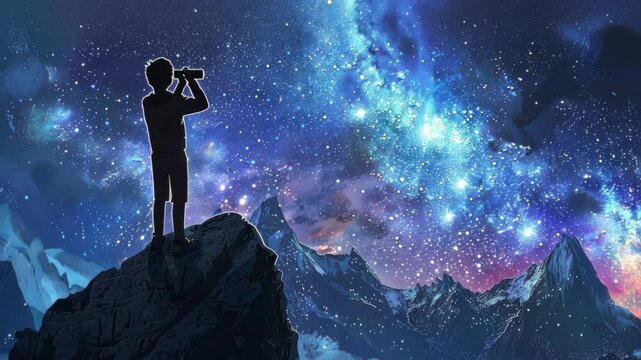 A boy on the mountain looking at stars with binoculars The digital art.