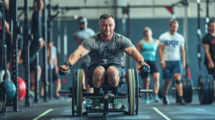 A man is smiling while using handcycle in gym, surrounded by other fitness enthusiasts. His expression shows determination and joy. 