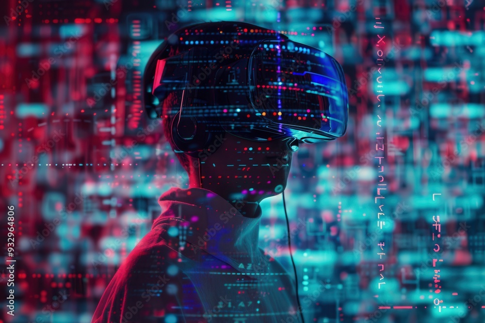Aufkleber a hacker navigates a vibrant virtual world filled with digital locks while wearing a vr headset, eng