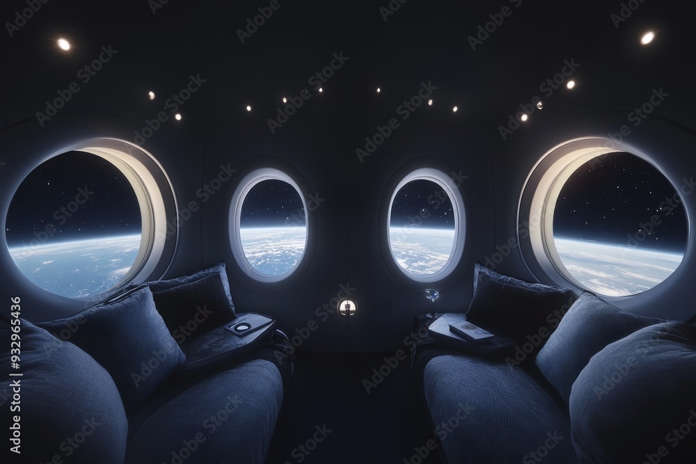Poster minimalistic spacecraft interior with circular windows offering a breathtaking view of earth represe