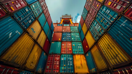 Fototapeta premium Stacked Shipping Containers - Photo of colorful shipping containers in a port.