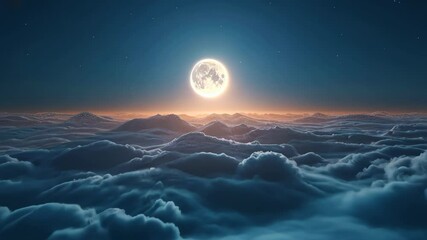 3d rendering of full moon shining above the clouds at night sky background.