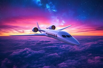 Naklejka premium A futuristic jet flying above the clouds with a glowing purple sky representing the cutting edge technology and design in modern aerospace travel