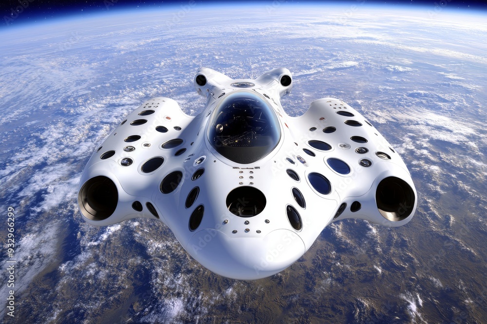 Poster a futuristic spacecraft with a unique speckled design orbiting earth symbolizing the creative possib