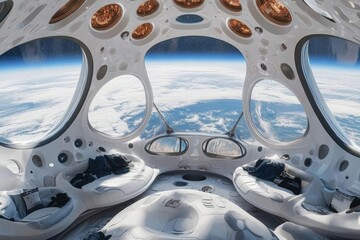 Interior view of a space habitat with a dome ceiling showcasing the blend of technology and design in creating livable environments for long term space missions