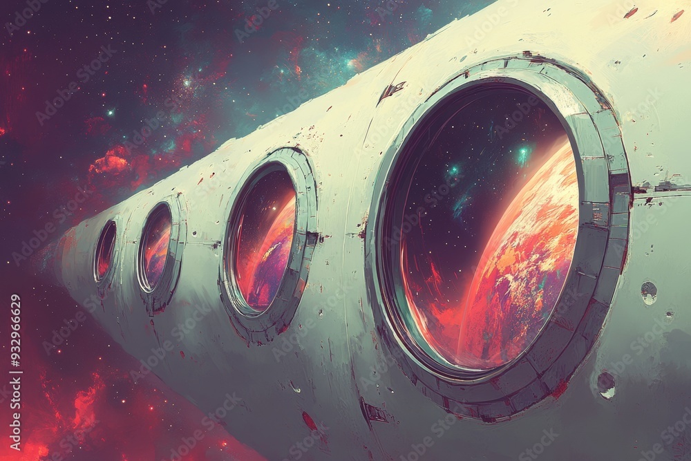 Poster a spacecraft window offering a breathtaking view of a distant planet symbolizing the awe and wonder 
