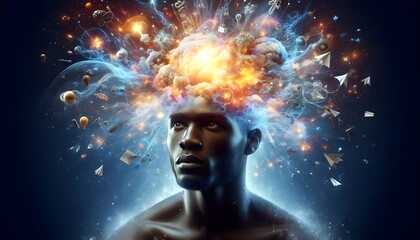 Concept art of a human brain exploding with knowledge and creativity