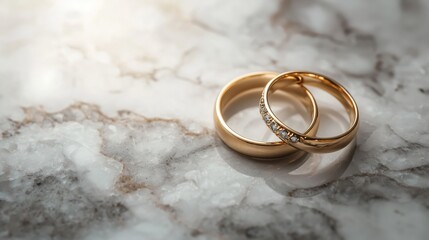Two elegant gold wedding bands resting on a marble surface, representing eternal love and the beauty of a lifelong commitment.