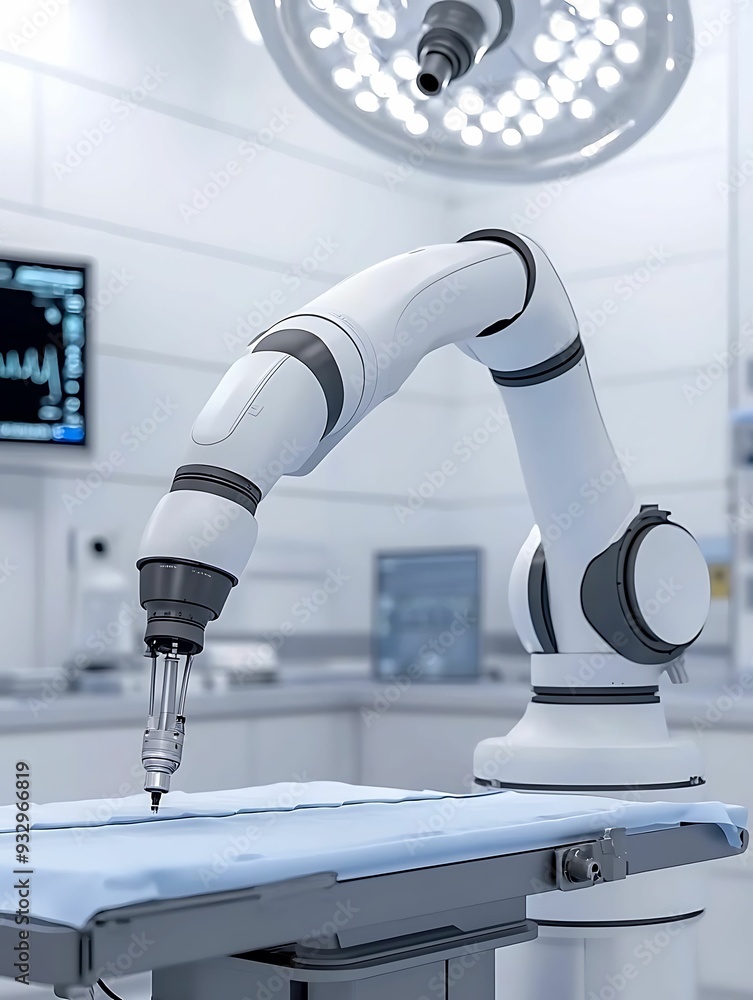 Poster bird s eye view of a robotic arm in a precision surgery setup, showcasing the accuracy and advanced 
