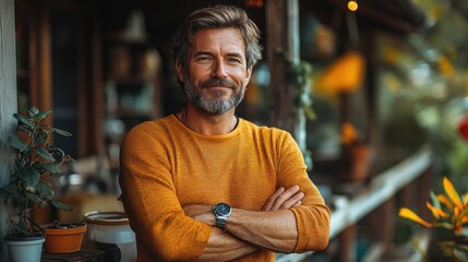 Fototapeta premium mature man standing in tiny house terrace in front of beautiful nature with cup of coffee morning routine.jpg