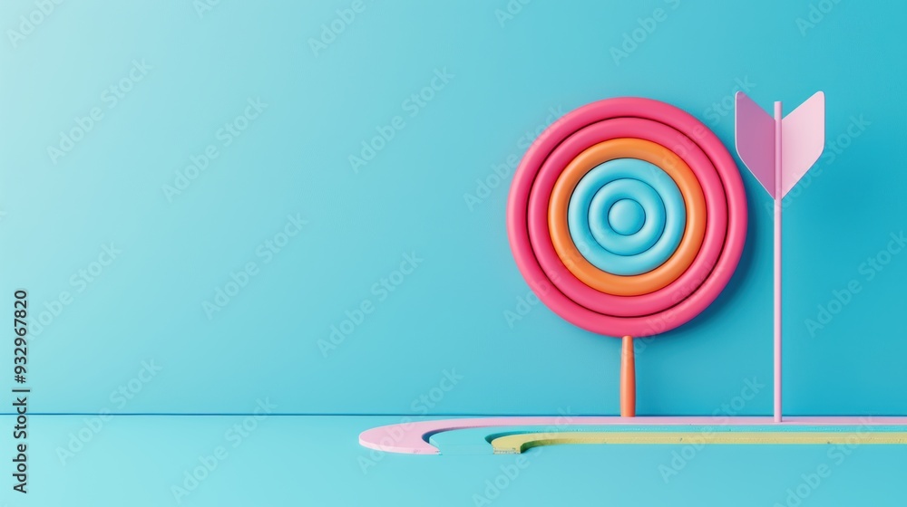 Poster a conceptual image of a rainbow leading towards a target, symbolizing progress and achievement. the 