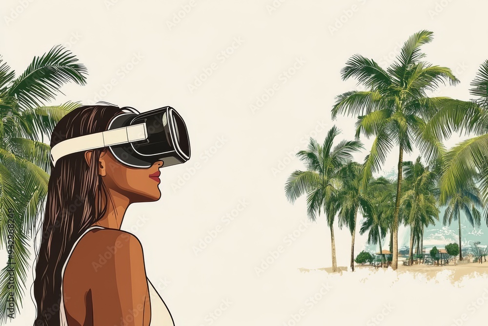 Poster a woman using vr goggles in a tropical setting with palm trees symbolizing the intersection of techn