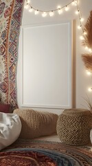 Mockup of a cozy bohemian-style bedroom interior with a white frame,a colorful tapestry,string lights,and woven accents creating a warm and inviting atmosphere.