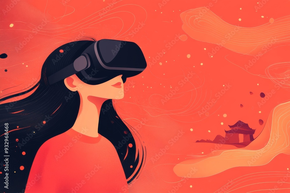 Poster an abstract illustration of a person using vr goggles in a surreal flowing environment representing 