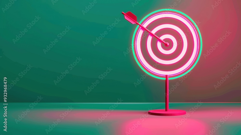Poster a futuristic neon target symbol glowing brightly against a dark, minimalist backdrop, symbolizing pr
