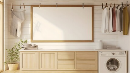 Mockup of a Cozy Rustic Farmhouse-Style Laundry Room featuring Shiplap Walls,Wooden Cabinetry,and a Charming Clothesline Backdrop