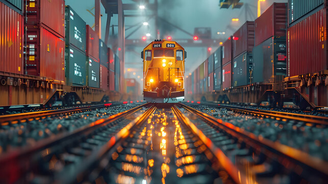 Freight Train on Tracks at Night - 3D Illustration