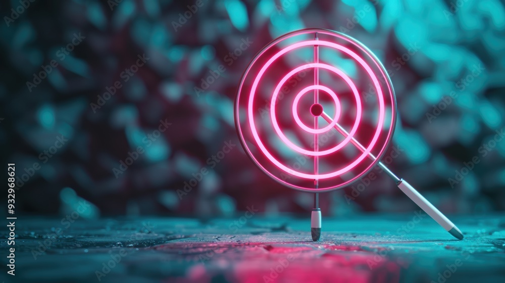 Aufkleber a futuristic neon target symbol glowing brightly against a dark, minimalist backdrop, conveying a se