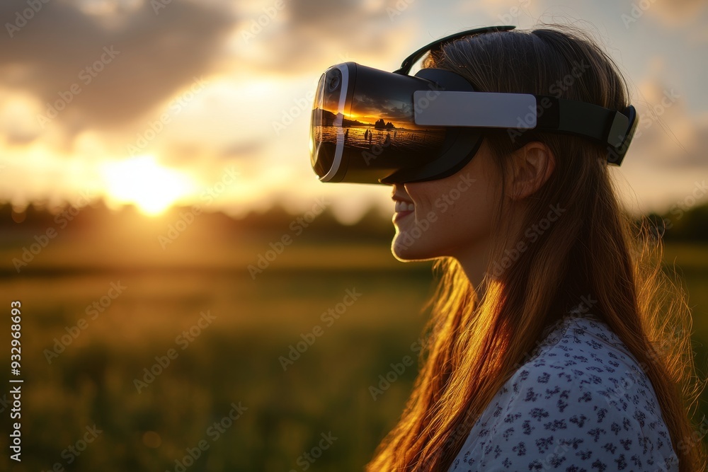 Aufkleber a person watching the sunset in a field using vr goggles symbolizing the fusion of nature and techno