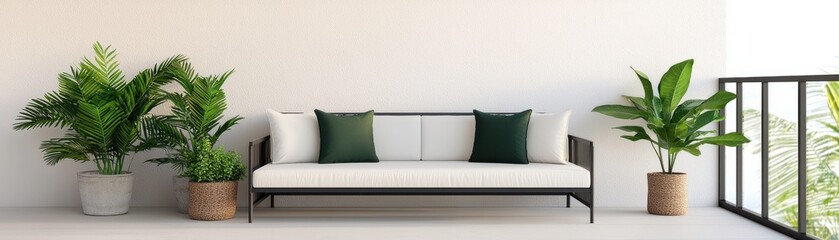 Stylish indoor seating area featuring a modern sofa, decorative cushions, and lush green plants for a fresh ambiance.