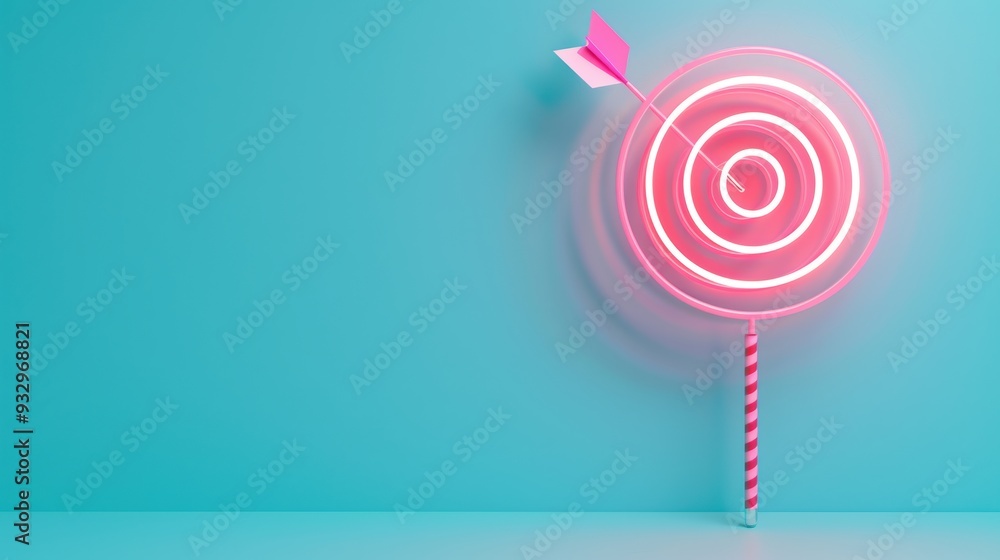 Poster a vibrant neon target symbol illuminated against a plain background, symbolizing focus and achieveme