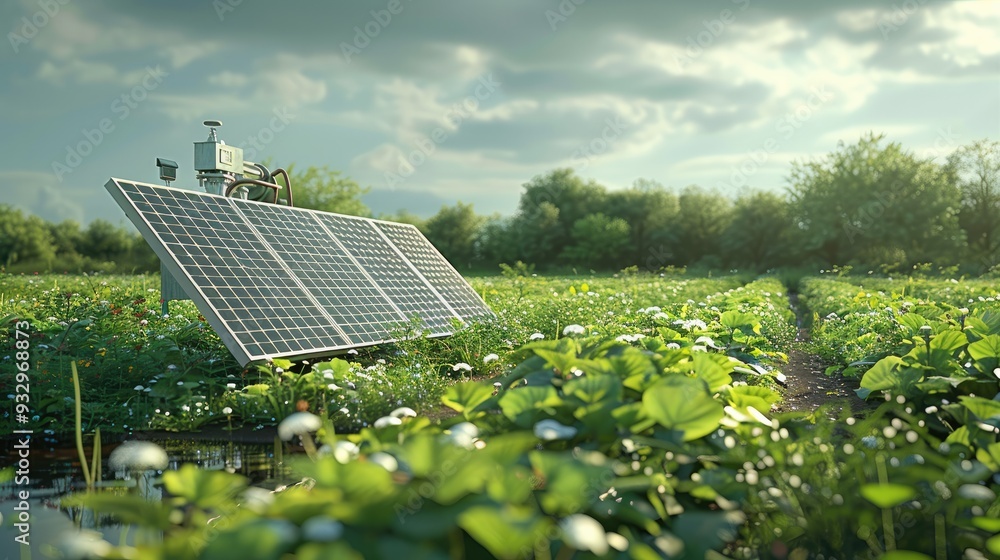 Poster a solar-powered pump in a green field with solar panels, capturing the reflective surfaces of the pa