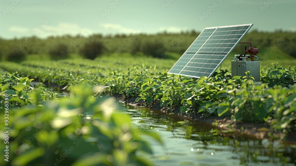 Poster a solar-powered pump in a green field with solar panels, capturing the reflective surfaces of the pa