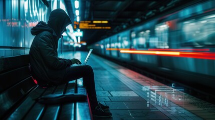 A person is focused on their laptop in a metro station, highlighting the dangers of using public Wi-Fi networks for sensitive activities. Generative AI