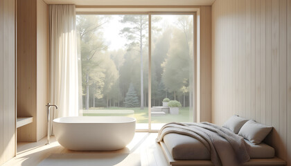 Fototapeta premium Serene Bathroom Design Featuring Nature-Inspired View