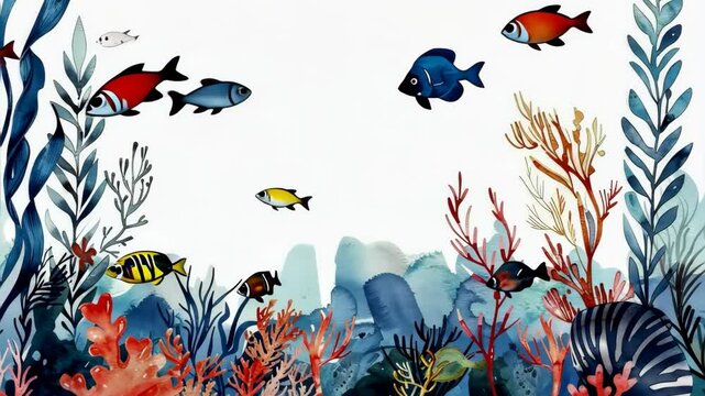 Watercolor sea plants and fish border white background.