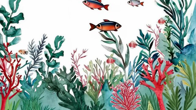Watercolor sea plants and fish border white background.