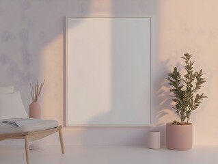 Mockup of a Minimalist Scandinavian Inspired Floating Frame in a Cozy Living Room Setting with Soft Even Lighting and Japanese Design Influence